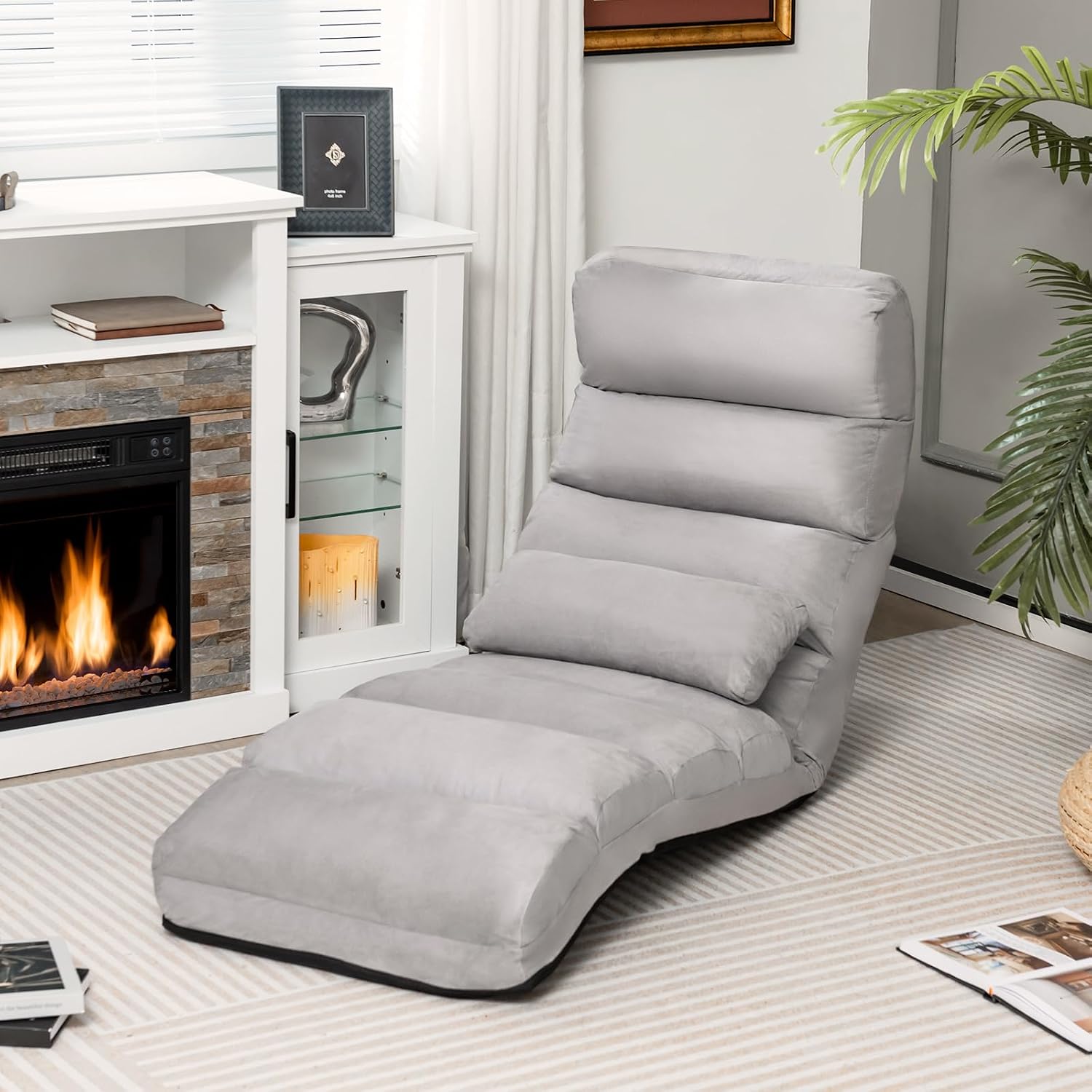 KOMFOTT Foldable Floor Lazy Sofa with Pillow, Indoor Chaise Lounger with 5 Adjustable Positions, Adjustable Back Support & Footrest, Video Gaming Chair for Home, Office, Reading, Watching (Grey)