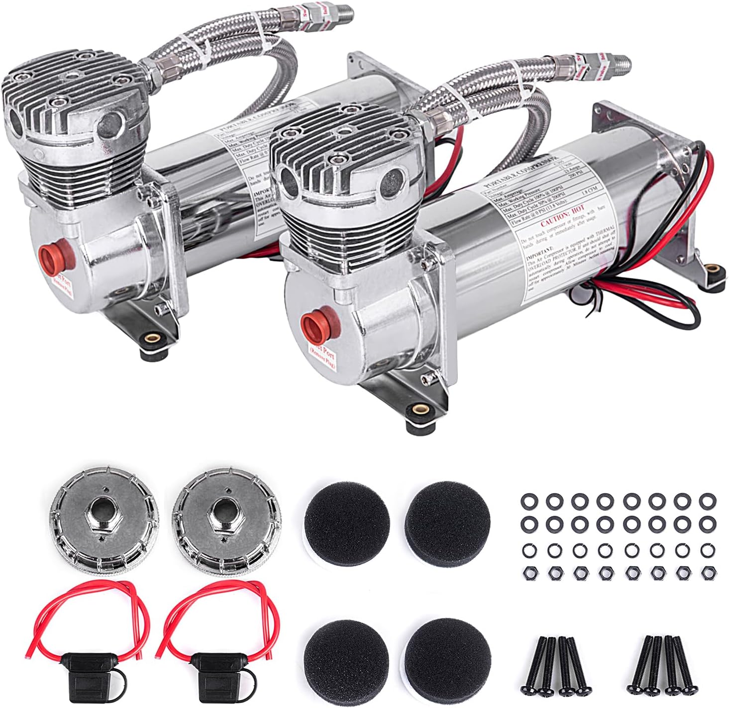 200PSI 1/4 NPT Heavy Duty Air Train Horn/Air Ride Suspension Compressor for Train/Truck/Car 12V SILVER Dual