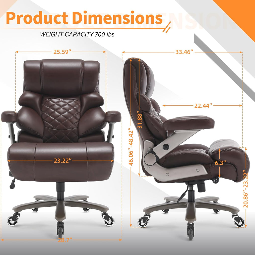 VUZI 700lbs Big and Tall Office Chair-Large Computer Chair with Adjustable Lumbar Support 3D Flip Arms Plus Size Wheels, High Back Executive Desk Chair, Heavy Duty Metal Base, Thick Padded Wide Seat