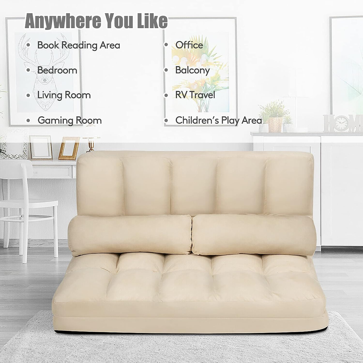 DORTALA Foldable Floor Sofa, 6-Position Adjustable Lounge Couch with 2 Pillows & Suede Cloth Cover, Modern Lounge Mattress Video Gaming Lazy Couch, Suede Floor Seating Sofa, 71' x 44.5', Beige