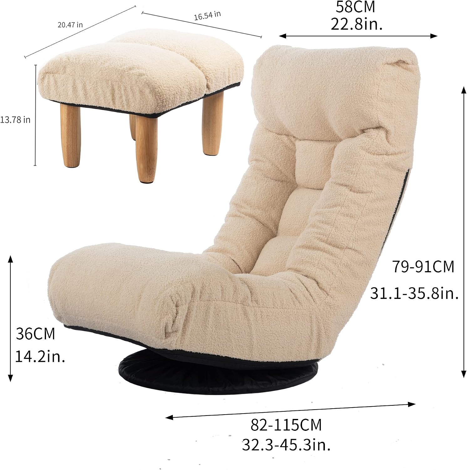 Yoglad Japanese Style Chaise Lounge Sofa Chair Floor Lazy Sofa for Reading Game Meditating, 3 Adjustable Positions with Comfortable Backrest (White, Ottoman)