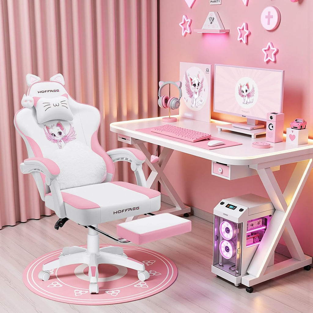 HOFFREE Pink Gaming Chair with Cat Ears and Cloud Massage Lumbar Ergonomic Cute Computer Chair for Girls with Footrest Comfortable Reclining Game Chairs for Adults Pink and White