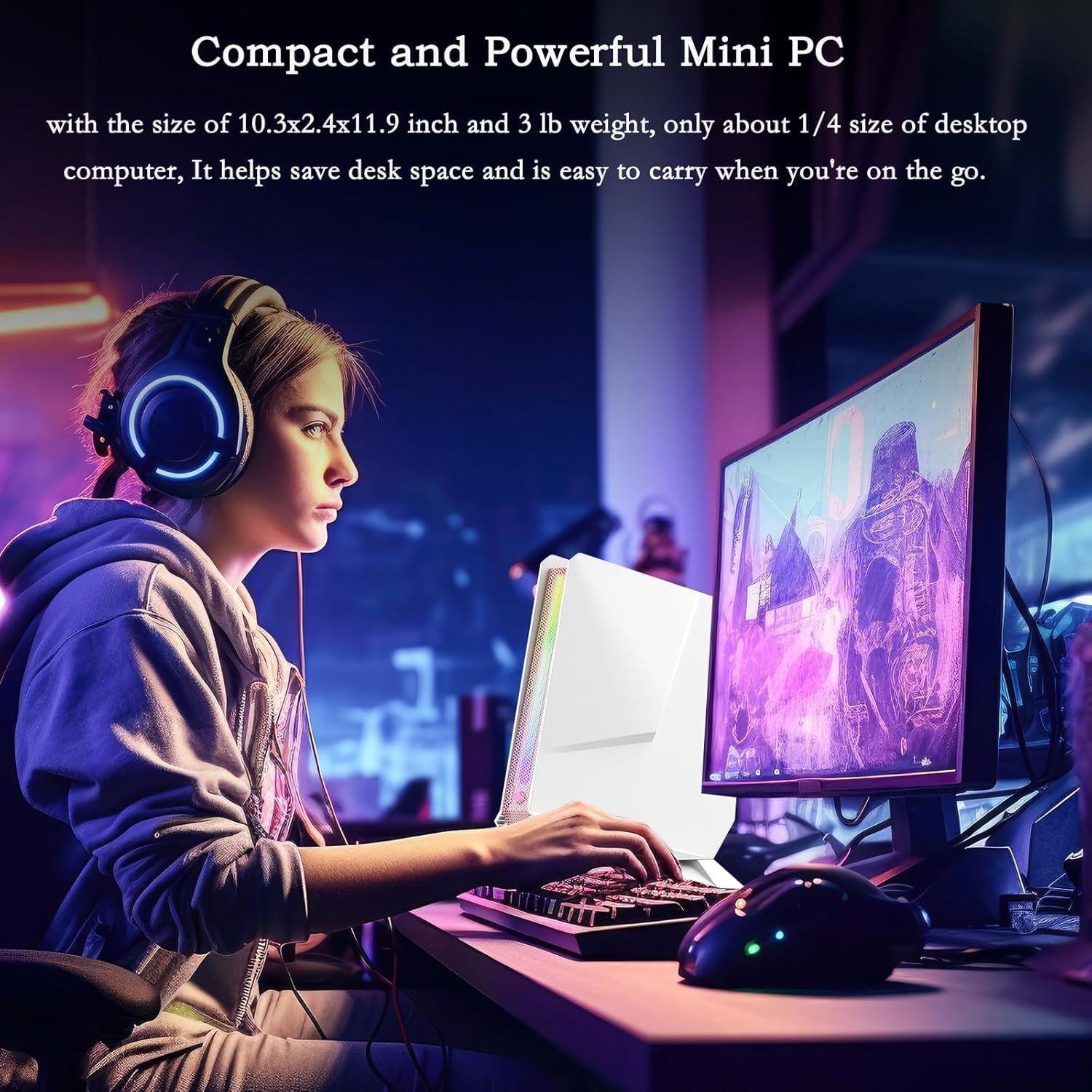 Mini PC, Intel Core i7-8750H(8C/16T up to 4.1GHz), GeForce GTX 1050 3G Discrete Graphics Mini Computer with RGB Lights, 16GB DDR4 RAM, 512 NVMe SSD, 2X HDMI + Type- C, WiFi6 BT5.2, Win 11 Pro, White