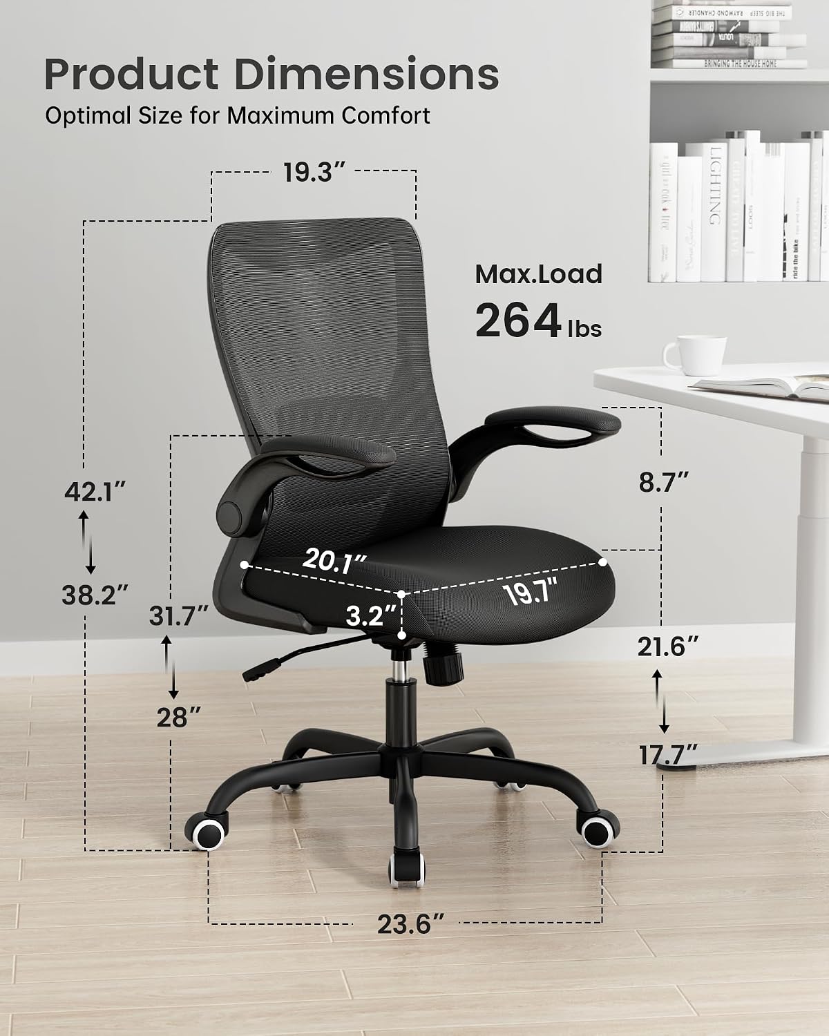 MUXX.STIL Office Chair, Ergonomic Desk Chair with Adjustable Lumbar Support and Flip up Armrest, Breathable Mesh Computer Chair for Home Office, Black