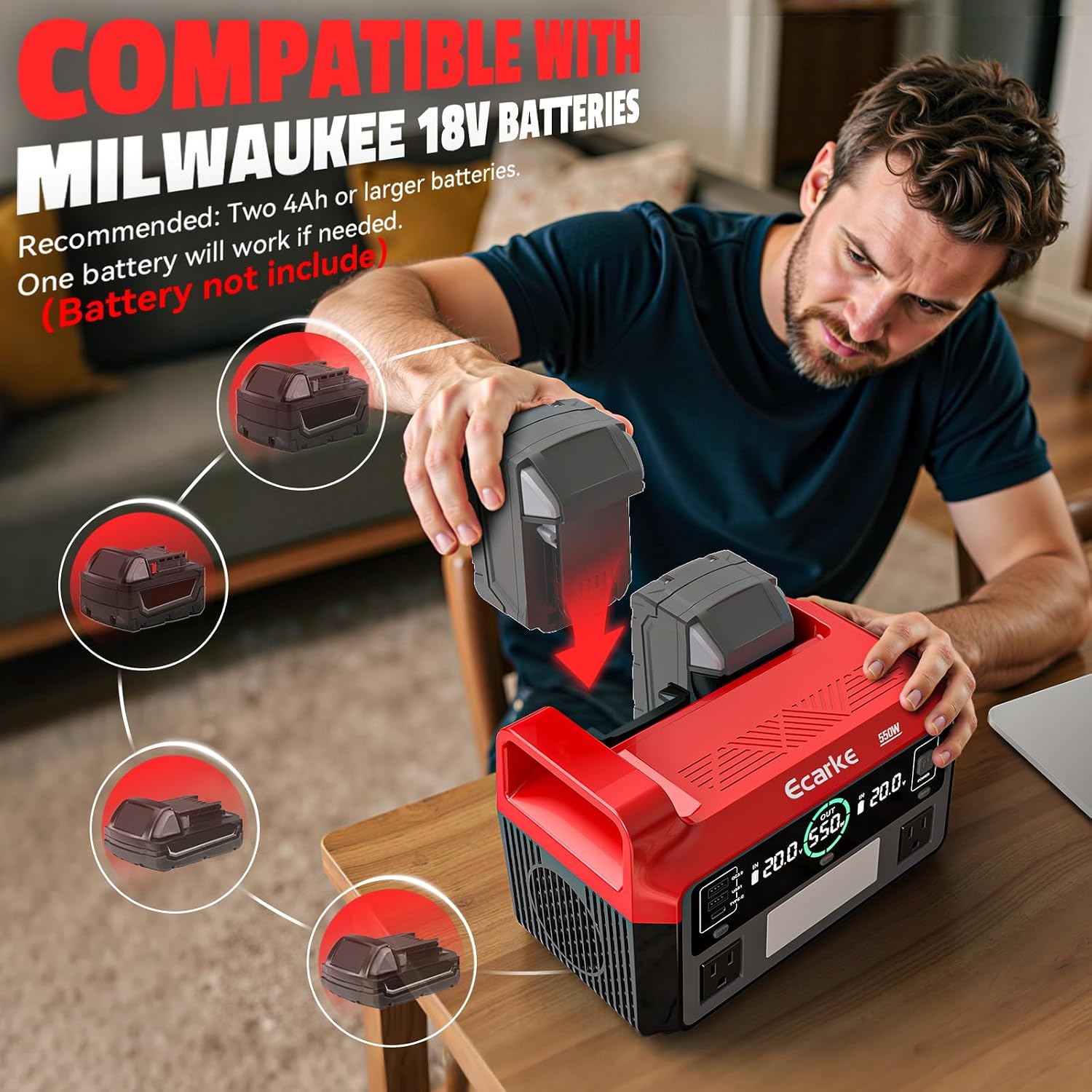 Ecarke 550W Portable Power Inverter Compatible with DeWALT 20V Battery, DC 18V to AC 110V Pure Sine Wave Power Station 2 AC Outlets, 2 USB-A&1 USB-C 20W, 600LM LED Outdoor Emergency Use (No Battery)