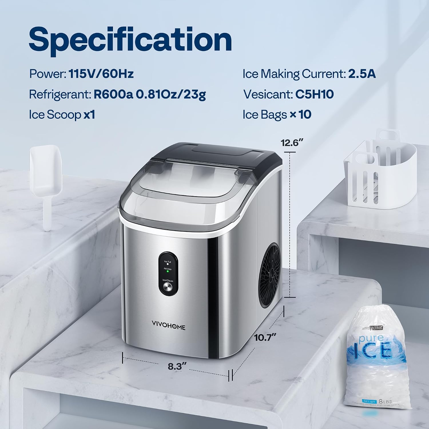 VIVOHOME Electric Portable Compact Countertop Automatic Chewable Nugget Ice Cube Maker Machine with Hand Scoop 10 Ice Bags and Self Cleaning Function 33lbs/Day Silver