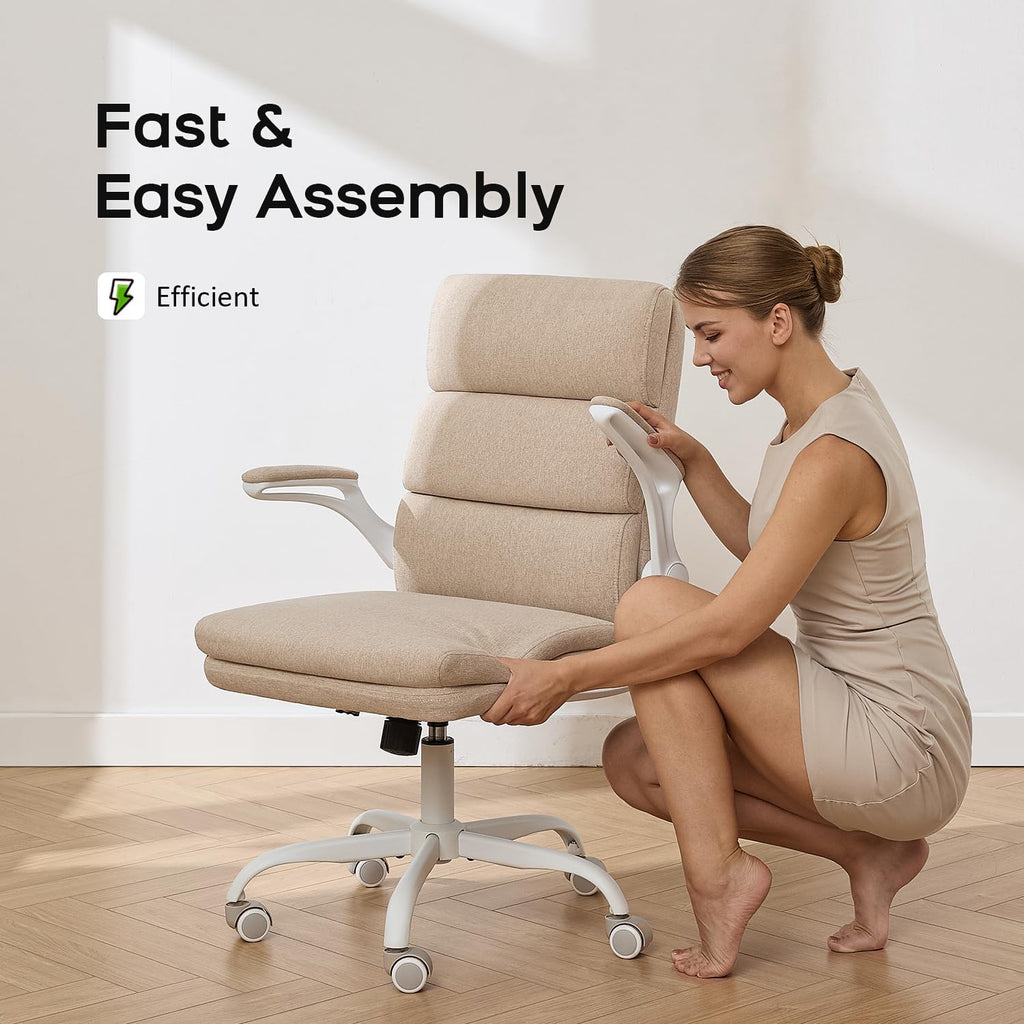 amseatec Office Chair Adjustable Desk Chair Mid Back Executive Comfortable Fabric Ergonomic Back Support Home Computer Chair with Padded Flip-up Armrest Swivel Wheels (Beige)