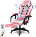 Ergonomic LED Gaming Chair with Speakers PU Leather Computer Chair for Teens Adults High Back Massage Office Desk Chair with Footrest Headrest Lumbar Support Recliner Video Game Chair,Pink