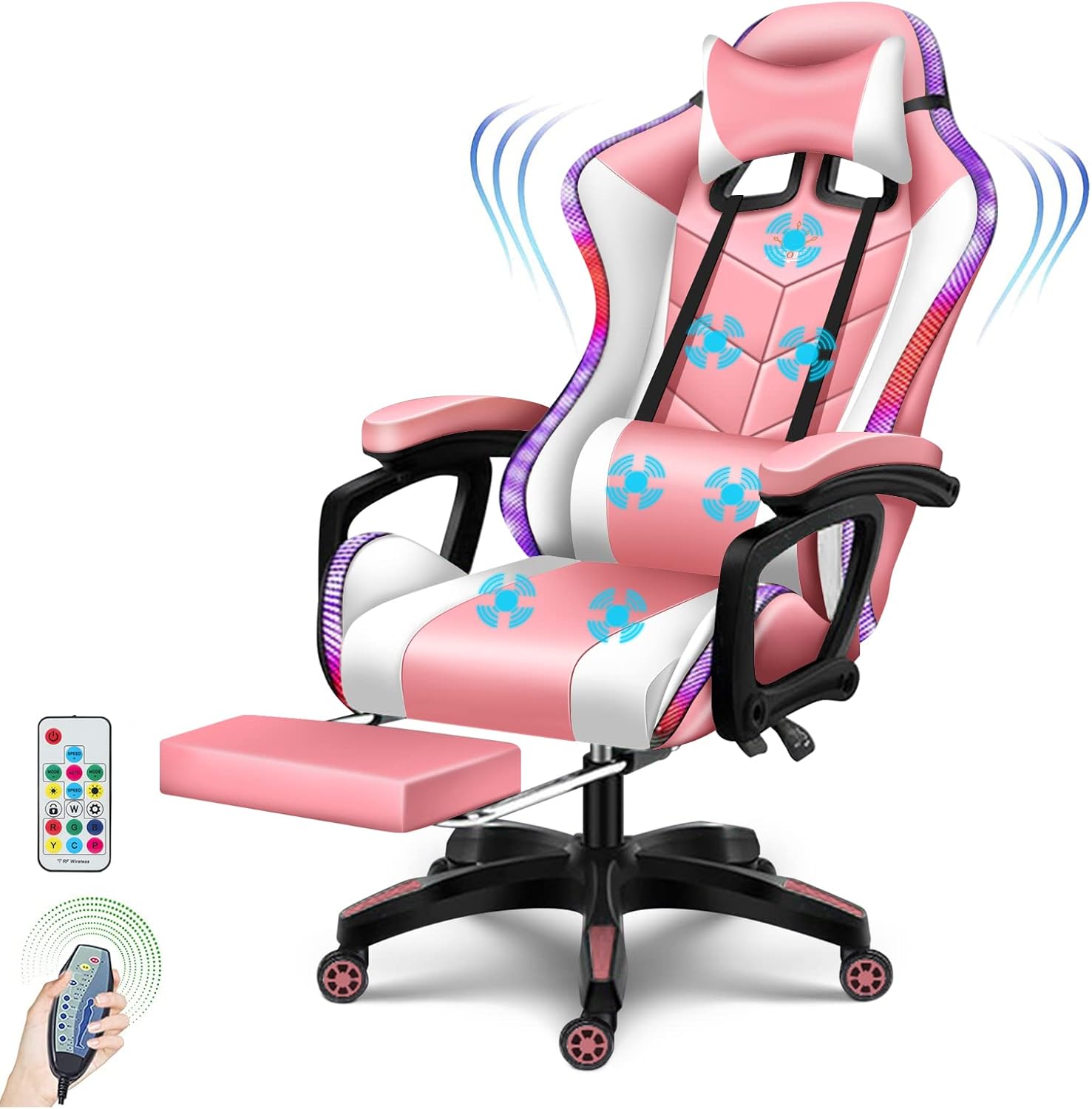 Ergonomic LED Gaming Chair with Speakers PU Leather Computer Chair for Teens Adults High Back Massage Office Desk Chair with Footrest Headrest Lumbar Support Recliner Video Game Chair,Pink