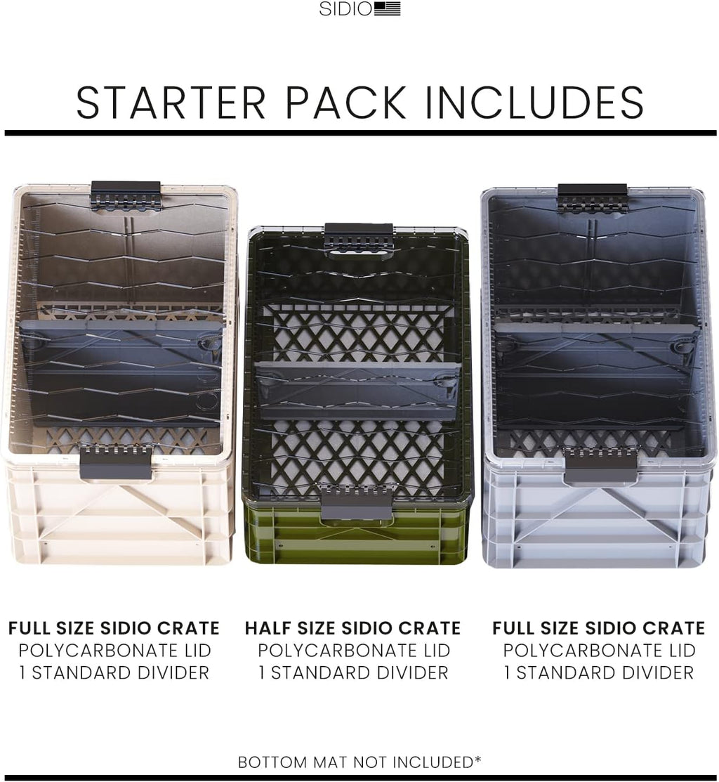 SIDIO CRATE Starter Pack - Two Full Size and One Half Size SidioCrate, Stackable Outdoor Organizer Storage Bins with Clear Lid and Dividers - CAMO Variety Pack