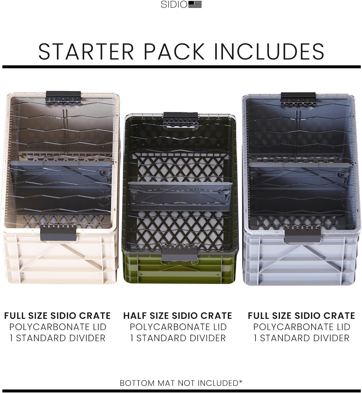 SIDIO CRATE Starter Pack - Two Full Size and One Half Size SidioCrate, Stackable Outdoor Organizer Storage Bins with Clear Lid and Dividers - CAMO Variety Pack