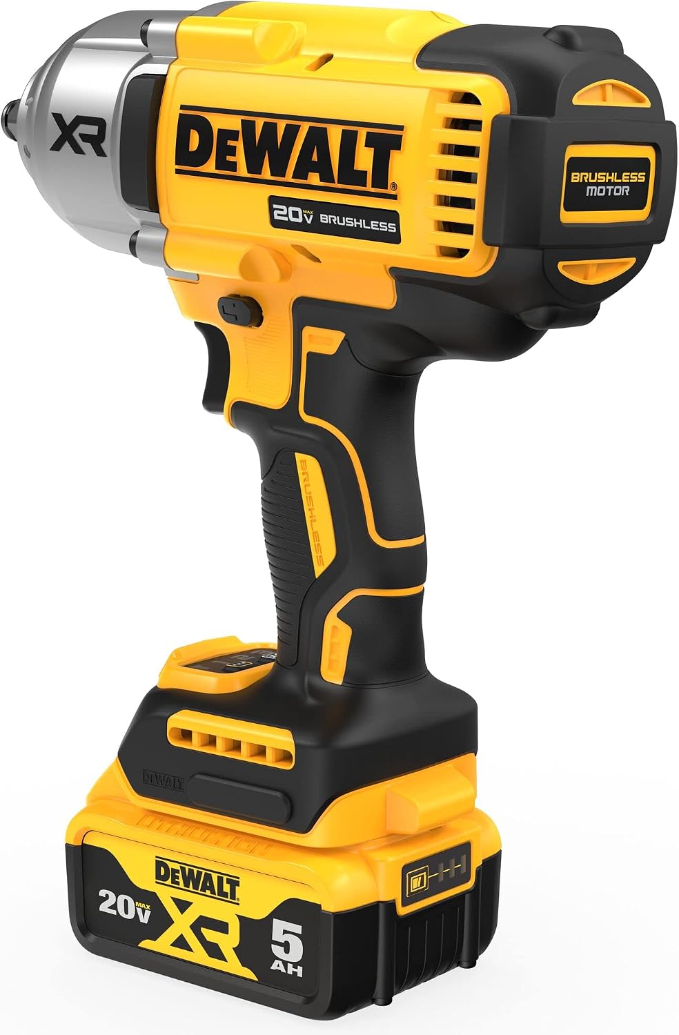 DEWALT 20V MAX Cordless Impact Wrench with Hog Ring Anvil, Brushless High Torque 1/2 Impact Gun, 4-Mode Speed, Includes Battery, Charger and Kit Bag (DCF900P1)