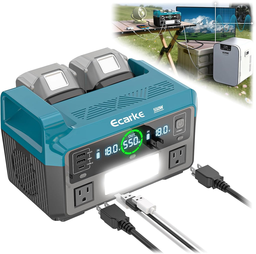 Ecarke 550W Portable Power Inverter Compatible with Makita 18V Battery, DC 18V to AC 110V Pure Sine Wave Power Station 2 AC Outlets,2 USB-A&1 USB-C 20W, 600LM LED Outdoor Emergency Use(No Battery)