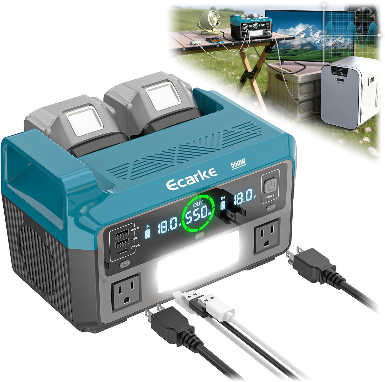 Ecarke 550W Portable Power Inverter Compatible with Makita 18V Battery, DC 18V to AC 110V Pure Sine Wave Power Station 2 AC Outlets,2 USB-A&1 USB-C 20W, 600LM LED Outdoor Emergency Use(No Battery)
