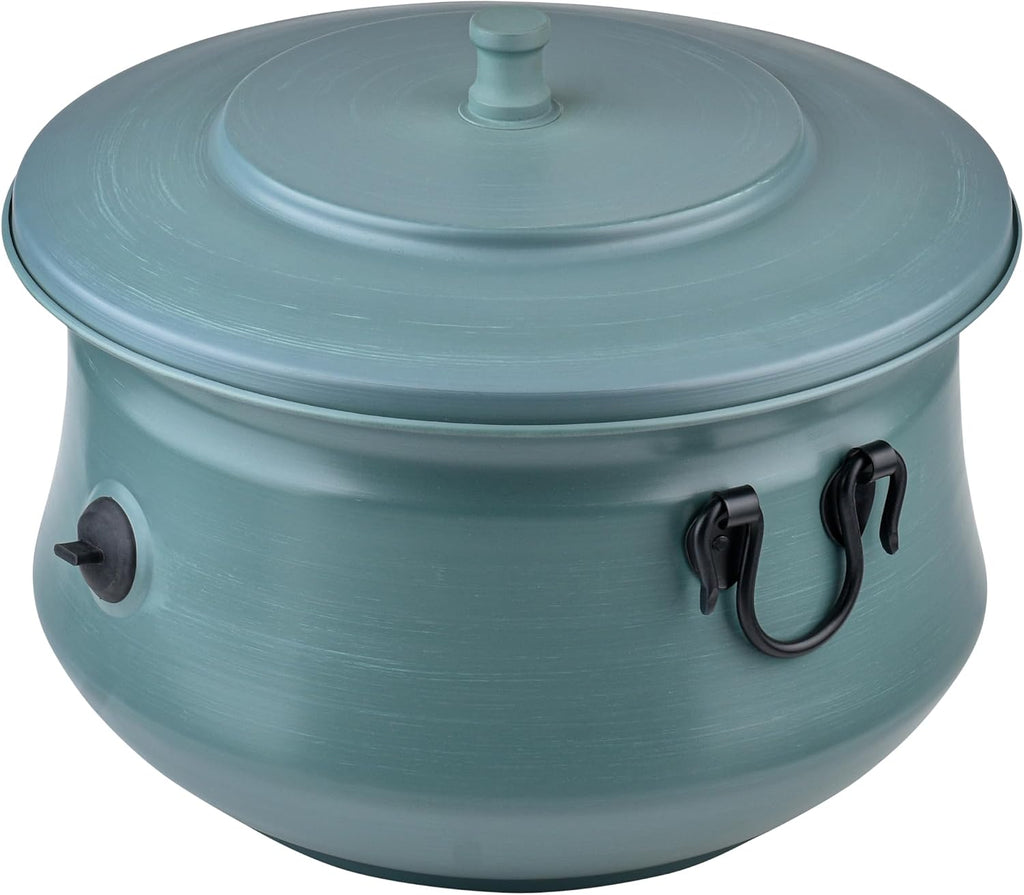 Decorative Garden Hose Holder Storage Pot with Lid | Hose Container Pot Outdoor or Indoor Use | Water Hose Hider 19x15.25 Inches,Green | Handmade (Brushed Green)