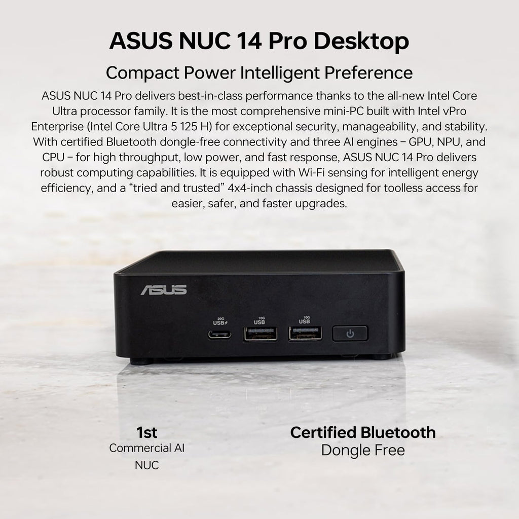ASUS NUC 14 Pro Mini Desktop, Intel 16-Core Ultra 7 155H, 16GB DDR5, 1TB SSD, Wi-Fi 6E, Support 4-Display 4K, Thunderbolt 4, HDMI, Bluetooth, Windows 11 Pro, Black, AI PC for Home/Business/Gaming