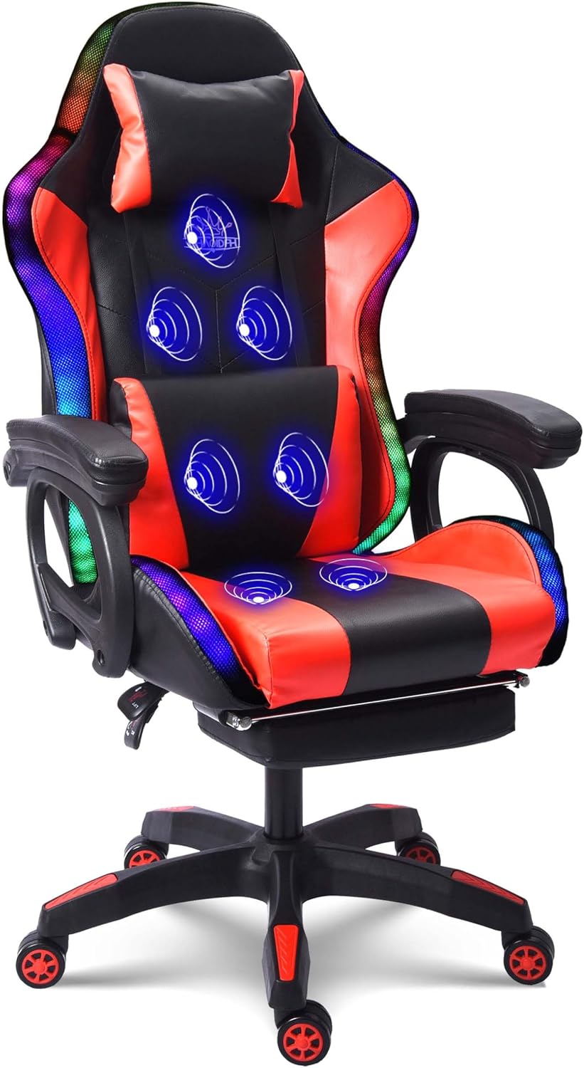 Video Game Chair with Speakers and RGB Lights, Massage Ergonomic Computer Gaming Chair with Footrest and Lumbar Support, 90°-135° Tilt Rocking Chair Gaming Chairs for Adults,Red