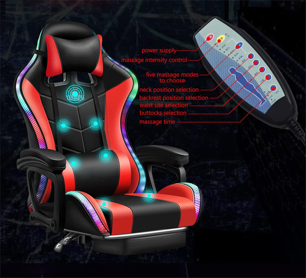 Massage Gaming Chair Racing Computer Desk Office Chair,with speakers and LED Linghts, with Headrest Lumbar Support footrest and Adjustable Armrests,360° Swivel 135° Reclining , 300LB Metal Base,White