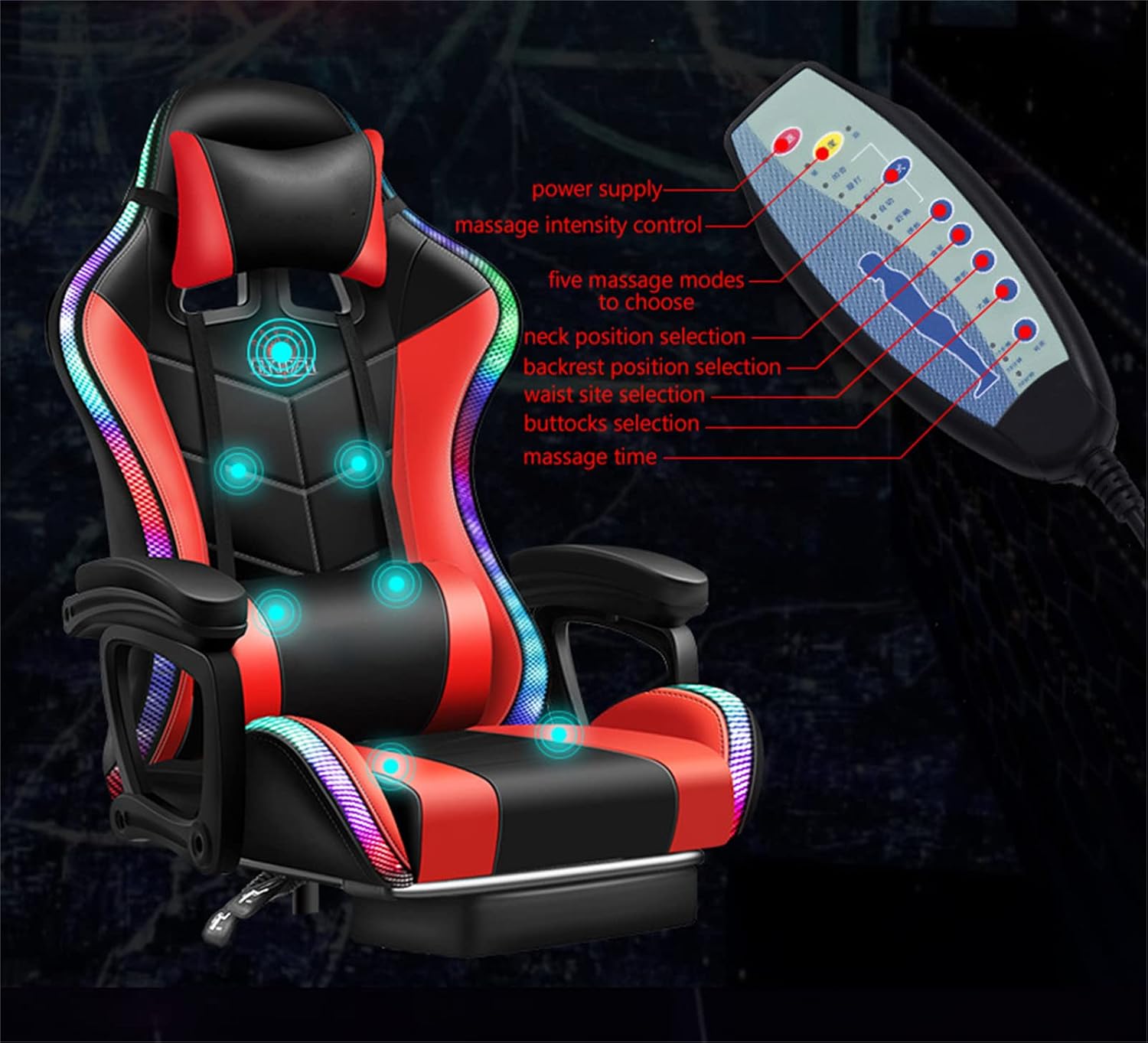 Massage Gaming Chair Racing Computer Desk Office Chair,with speakers and LED Linghts, with Headrest Lumbar Support footrest and Adjustable Armrests,360° Swivel 135° Reclining , 300LB Metal Base,White
