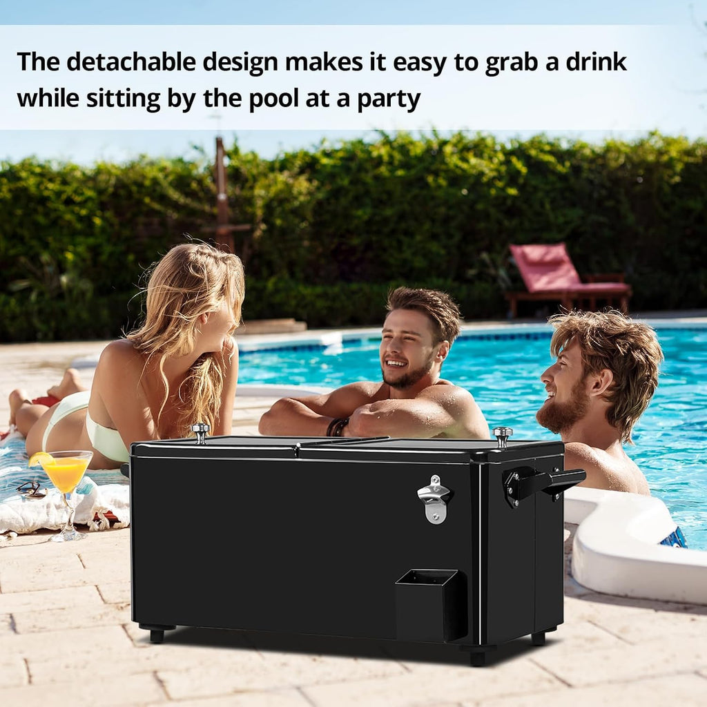 VINGLI 80 Quart Rolling Ice Chest on Wheels, Portable Patio Party Bar Drink Cooler Cart, with Shelf, Beverage Pool with Bottle Opener,Water Pipe