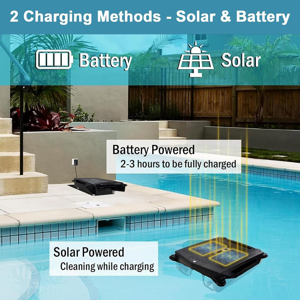 Solar Pool Skimmer Cleaner, Portable Floating Debris Pool Cleaner, Dual Charging Modes & Obstacle Avoidance, 2500 mAh Battery for Max Cleaning Area of 80 M², for Pool Parties