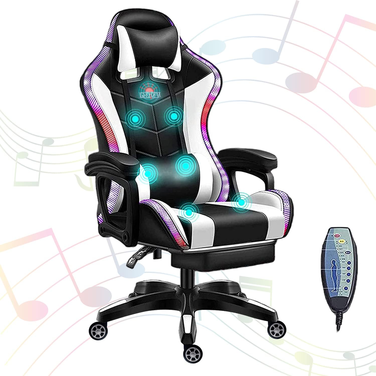 RGB Gaming Chair with Speakers and Footrest, Ergonomic High Back PC Game Chair with Massage Lumbar and Adjustable Armrest, Swivel Racing Chair PU Leather Computer Chairs,White