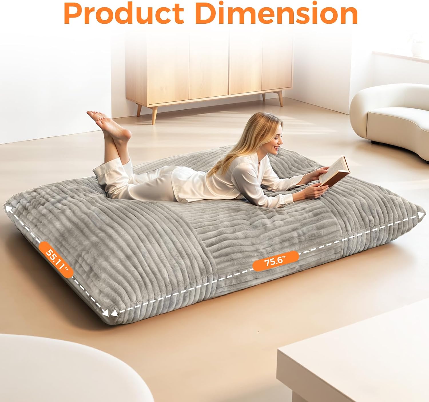 3 in 1 Giant Bean Bag Chair, Convertible Bean Bag Bed for Adults and Kids, Oversized Comfy Memory Foam Floor Sofa with Machine Washable Cover for Living Room, Bedroom & Dorm(Taupe)