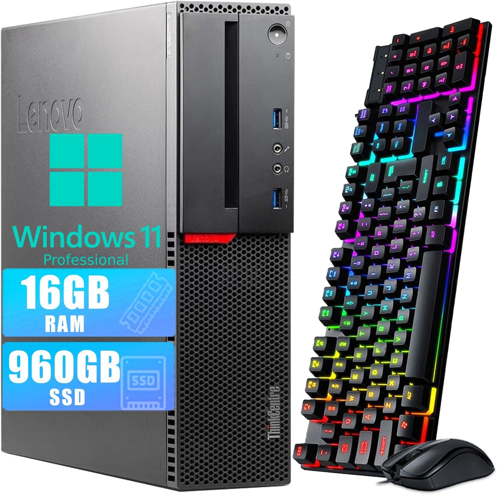 Lenovo ThinkCentre M700 SFF Desktop Computer, 6th Gen Dual Core i3-6100 3.7GHz, 16GB DDR4 RAM 960GB SSD, VGA, DisplayPort, Keyboard & Mouse, WiFi, BT, Windows 11 Pro (Renewed)