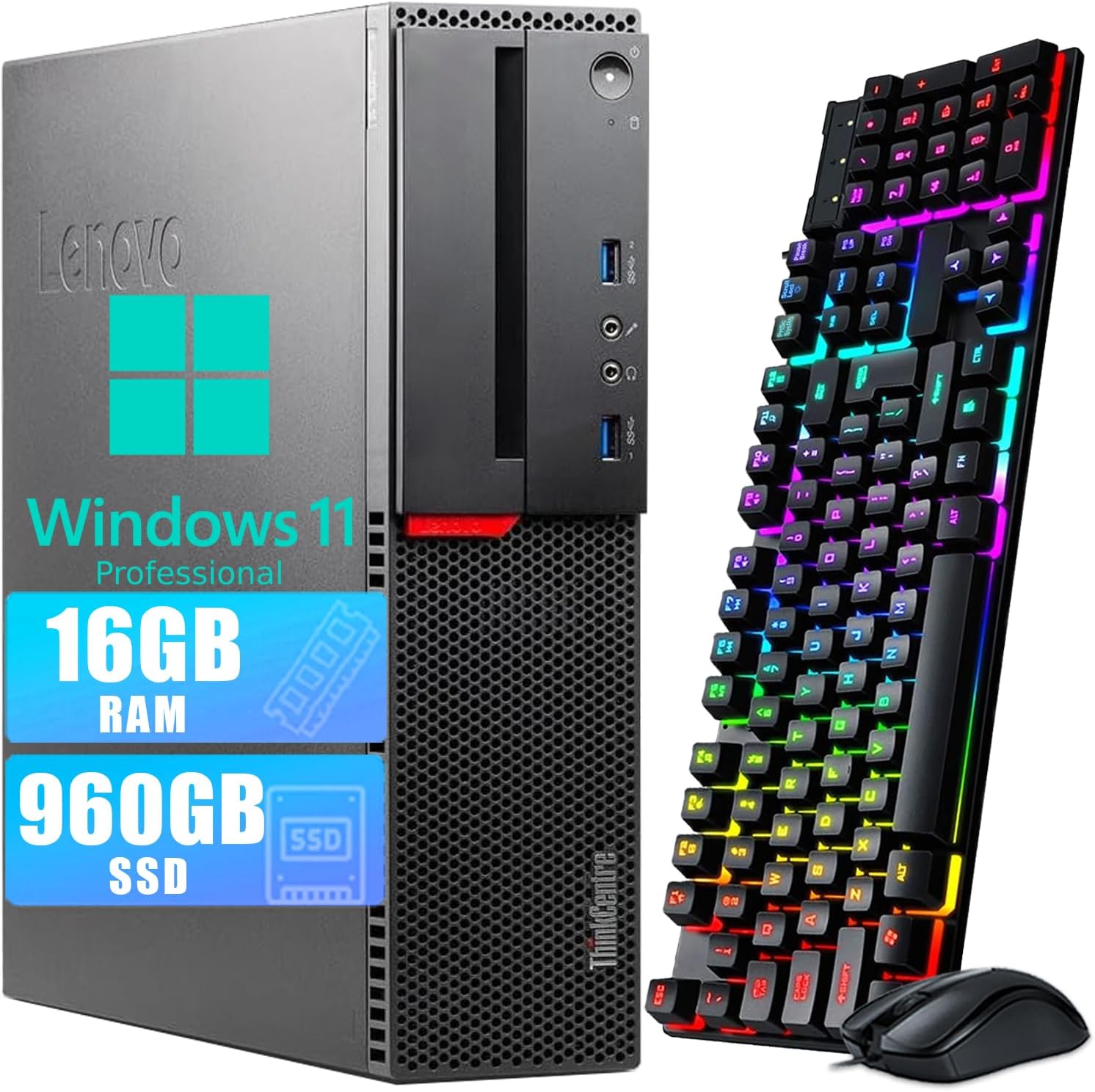 Lenovo ThinkCentre M700 SFF Desktop Computer, 6th Gen Dual Core i3-6100 3.7GHz, 16GB DDR4 RAM 960GB SSD, VGA, DisplayPort, Keyboard & Mouse, WiFi, BT, Windows 11 Pro (Renewed)