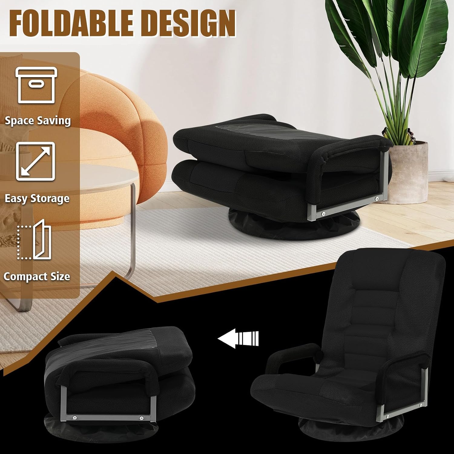 Swivel Gaming Chair Multipurpose 2PACK Floor Gaming Chair for Playing Video Games, TV, Reading w/Armrest Lumbar Support & 6 Adjustable Postion Backrest for Adults, Black