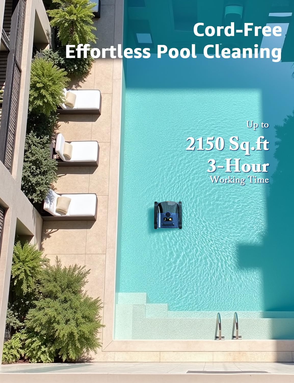 Cordless Pool Vacuum for Inground Pools, Cordless Robotic Cleaner up to 2150 Sq.ft, Wall and Waterline Cleaning Vacuum, Drains Cross, Self-Parking Lasts 180 Mins