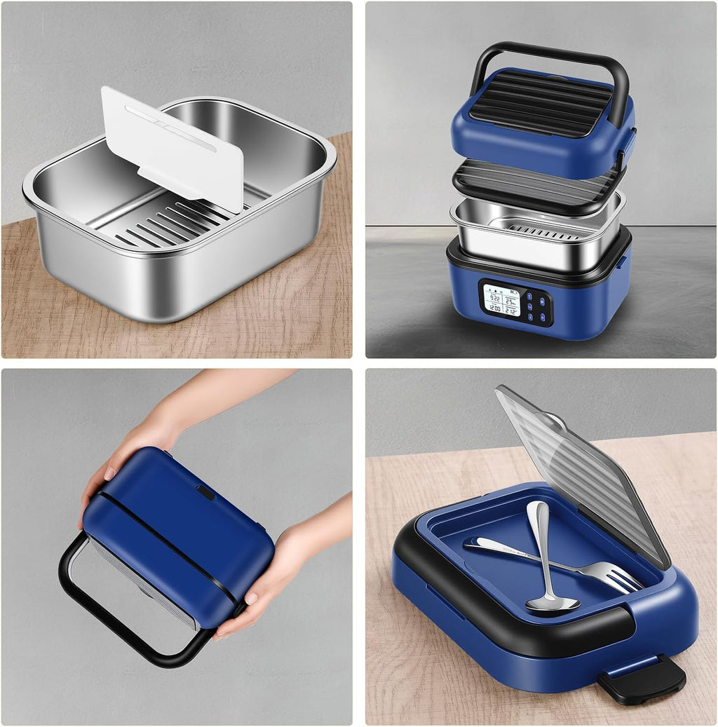 27000mAh Cordless Electric Heated Lunch Box, 100W Rechargeable Portable Food Warmer for Adults Work Travel Car - Battery-Powered & Self-Heating, 2 x 6.3 cups