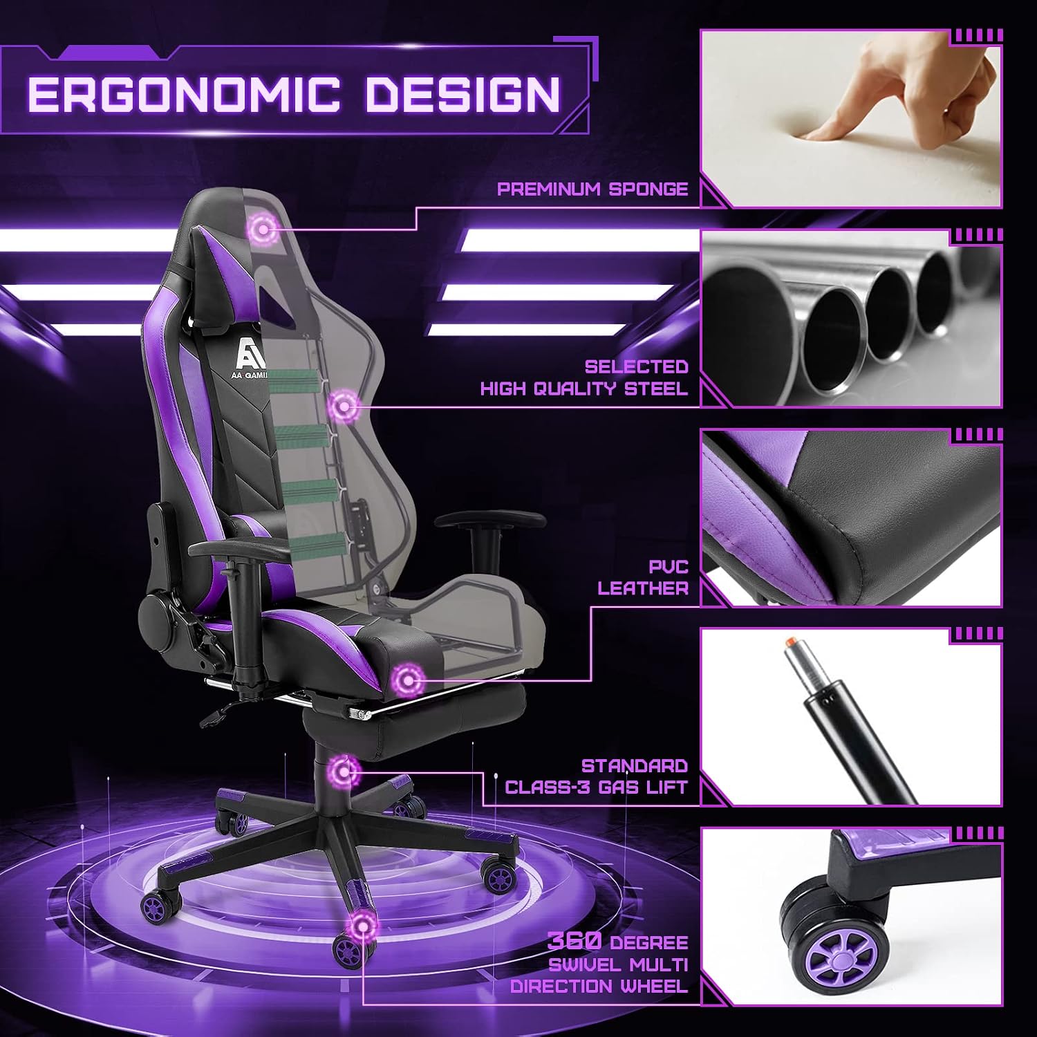 Gaming Chair High Back Ergonomic Computer Racing Chair Adjustable Office Chair with Footrest, Lumbar Support Swivel Chair - Upgraded Version BlackPurple
