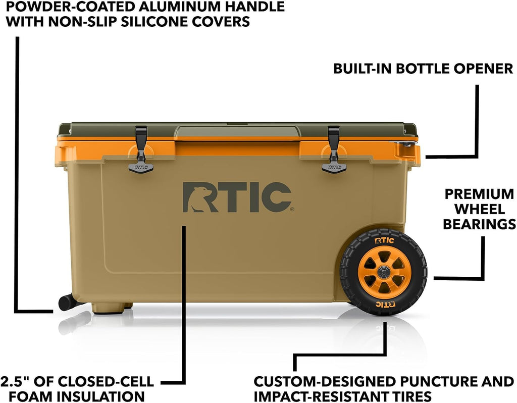 RTIC 72 Quart Ultra-Light Wheeled Cooler Hard Insulated Portable Ice Chest Box for Beach, Drink, Beverage, Camping, Picnic, Fishing, Boat, Barbecue, 30% Lighter Than Rotomolded Coolers