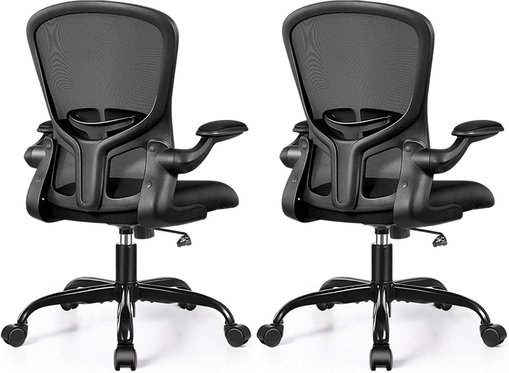 FelixKing Office Desk Chairs, Ergonomic PC Desk Chair with Wheels, Adjustable Lumbar Support and Height, Swivel Computer Chair with Flip-up Armrests, Ergo Mesh Backrest for Working (Black, Pack of 2)