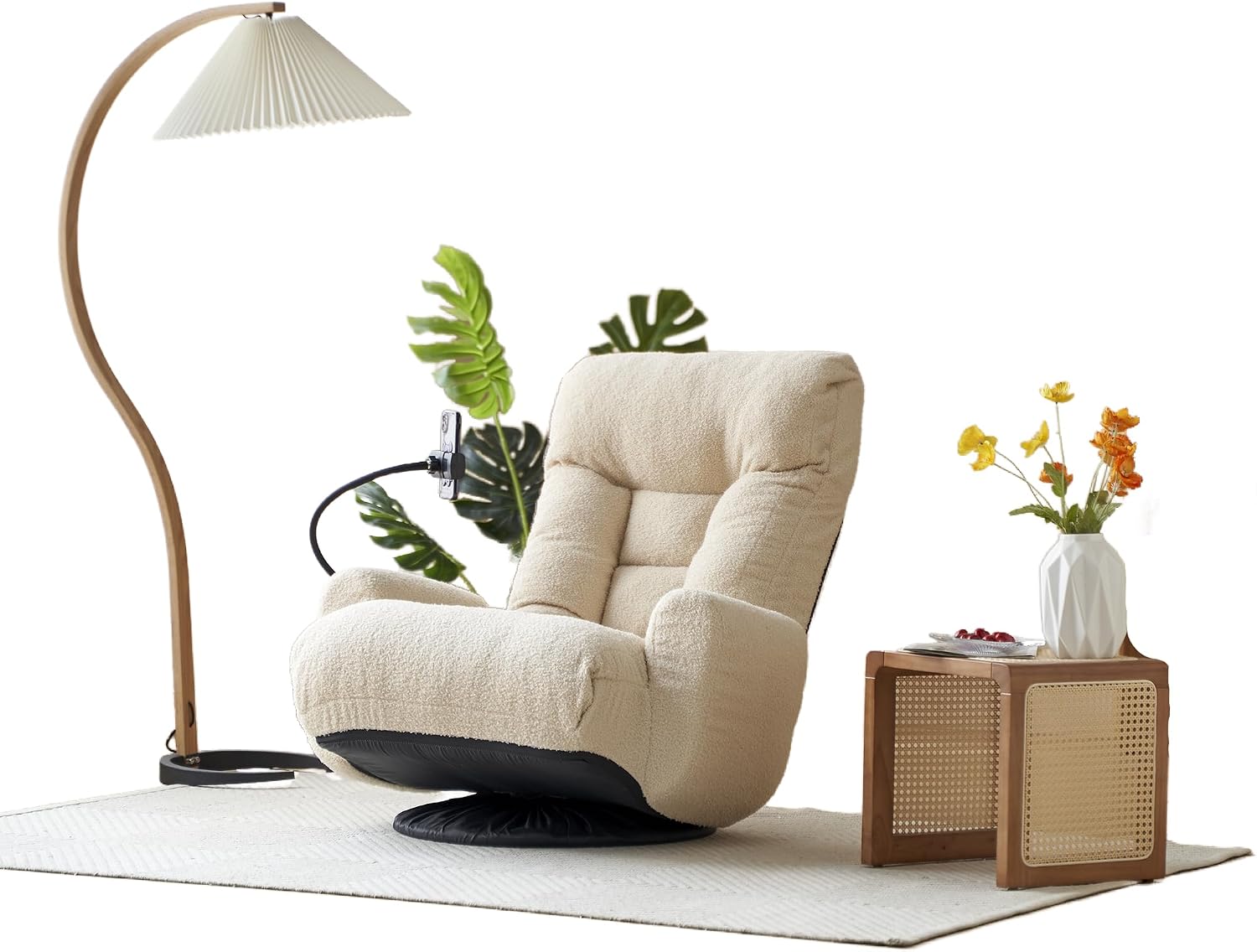 Lounge Sofa Chair with Side Pocket Armrests & Phone Holder. Gaming Chair for TV, Reading,Video,Games.Indoor Floor Chaise in Livingroom, Bedroom.Adjustable Foldable Backres&360° Swivel (Beige)