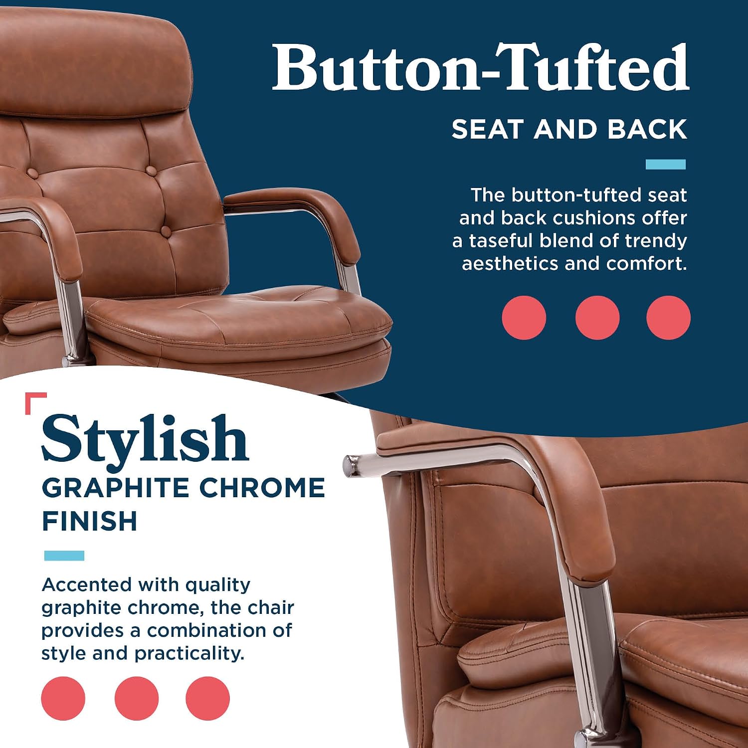 La-Z-Boy Sonata Executive Mid-Back Office Chair, Button-Tufted Seat and Back, Double-Layer Cushion, Padded Armrests, Ergonomic Computer DeskChair, Swivel Metal Base, Bonded Leather, Cognac/Graphite