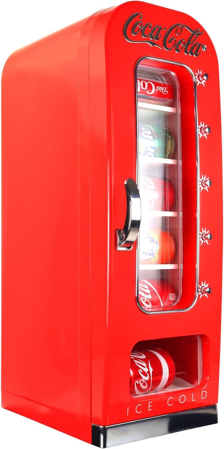 Coca-Cola AC/DC Retro Vending Electric Cooler with 10 Can Capacity - Beverage Vending Machine with Thermoelectric Cooling and Tall Window Display