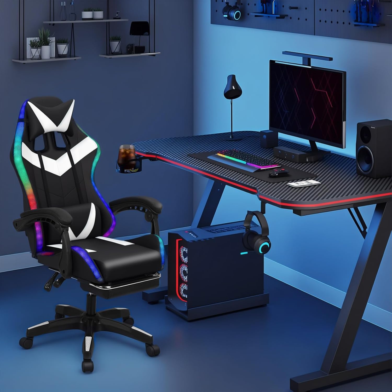 Gaming Chair with Bluetooth Speakers and LED Lights, Gamer Chair with Height Adjustable, Ergonomic Massage Computer Gaming Chair with Footrest, Video Game Chair with Lumbar Support for Adults