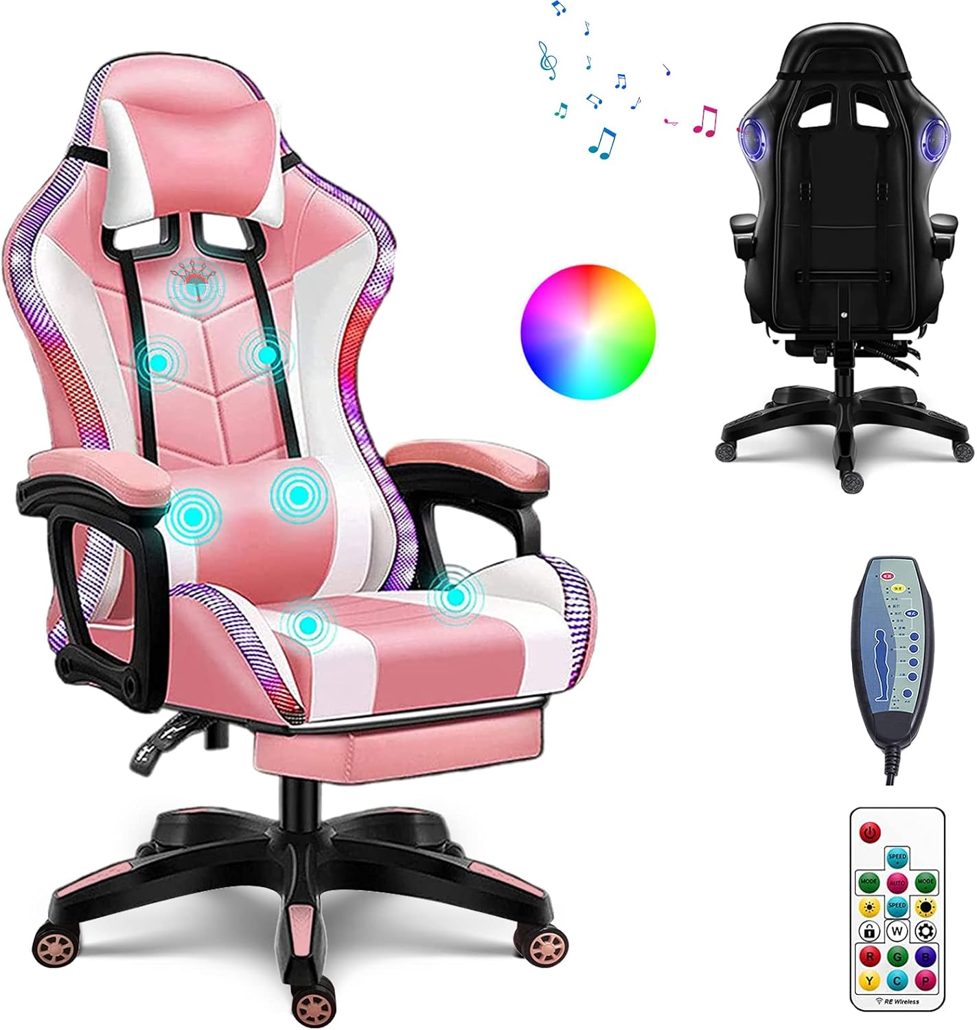 Ergonomic Pro Gaming Chair with Speakers RGB Video Game Chair with Footrest, High Back Massage Computer Chair with Lumbar Support and Headrest Adjustable Height, Gamer Chair for Adult Teens,Pink