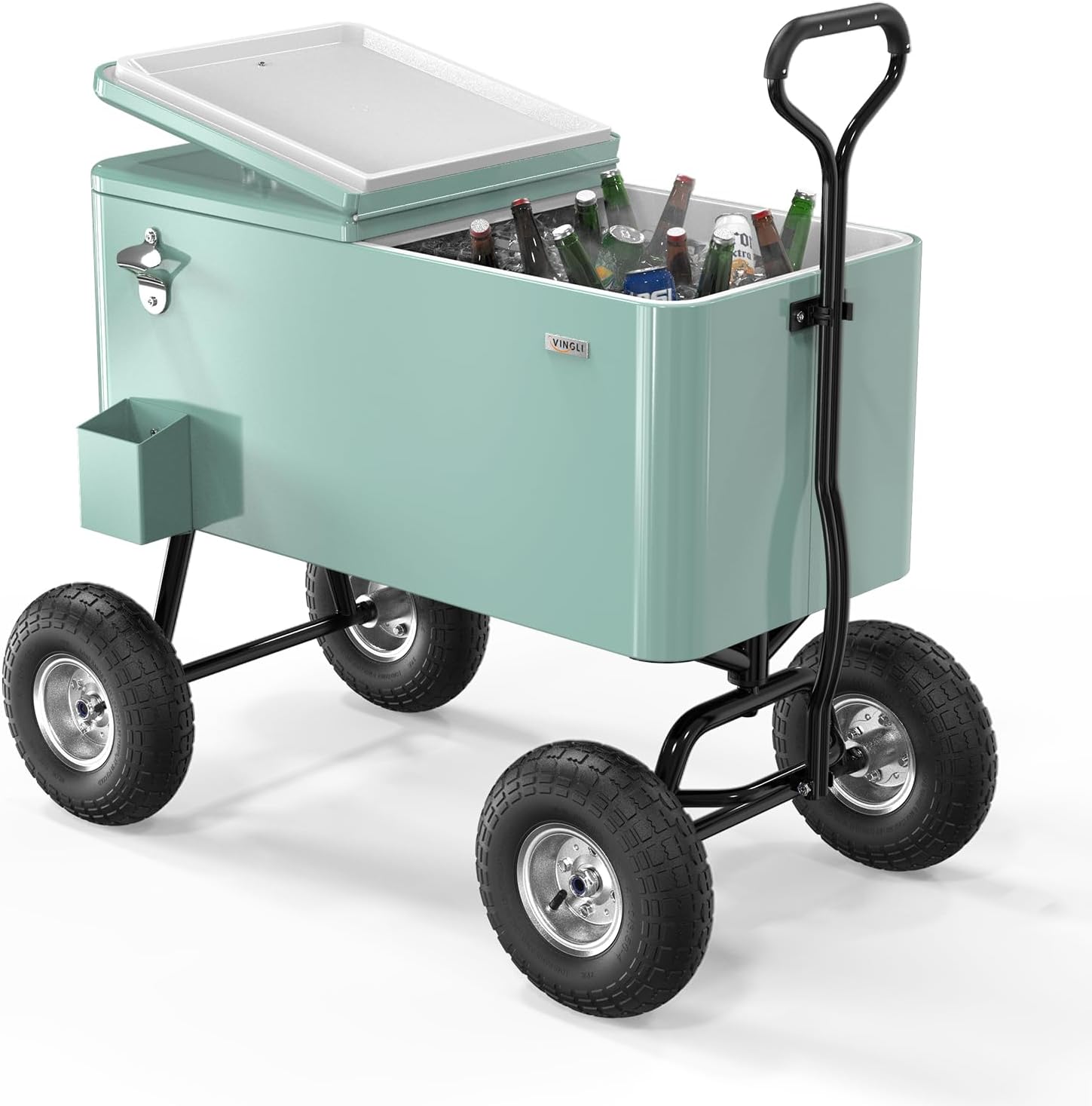 VINGLI 80 Quart Wagon Rolling Cooler Ice Chest, w/Long Handle and 10' Wheels, Portable Beach Patio Party Bar Cold Drink Beverage, Outdoor Park Cart on Wheels