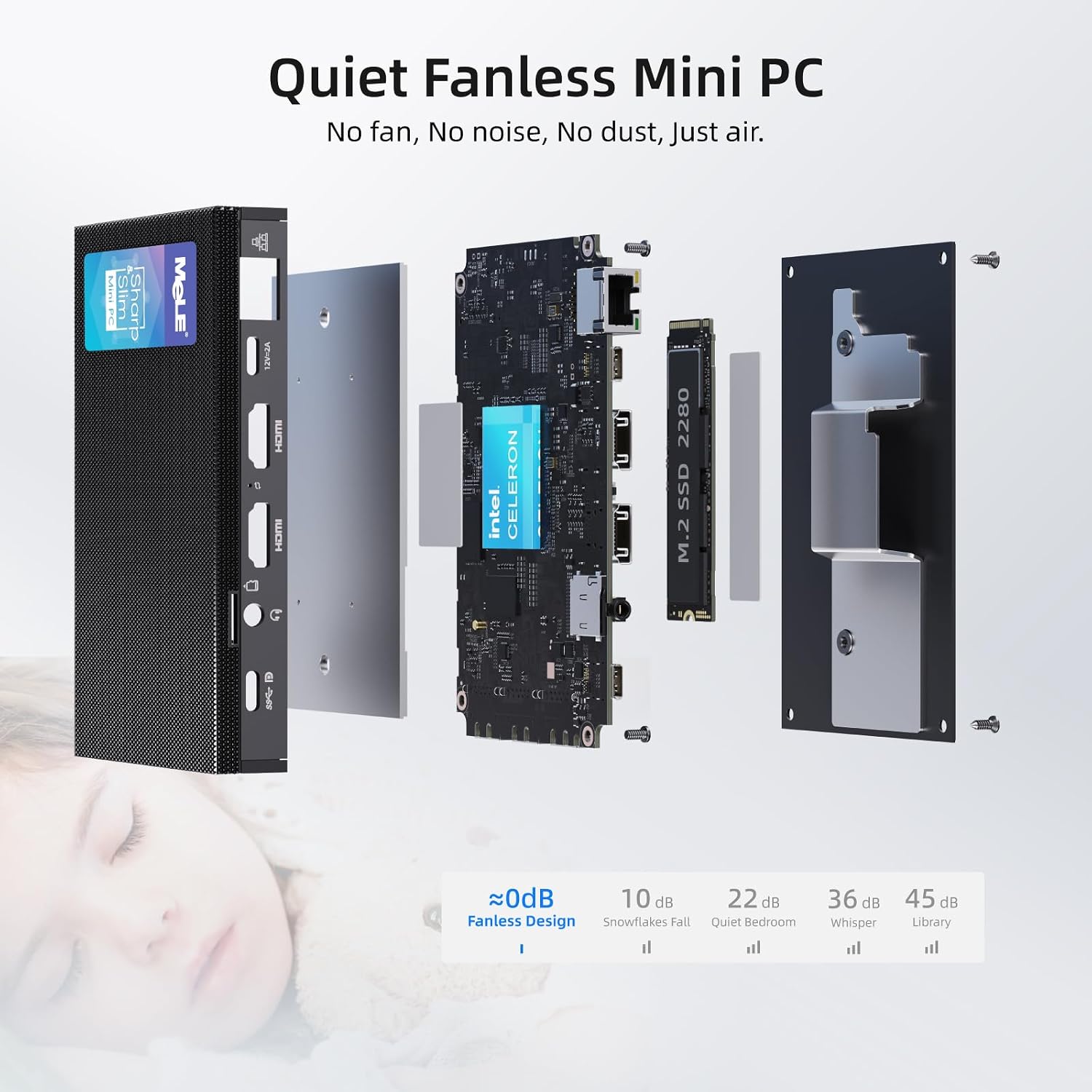 MeLE Quieter3C Fanless Mini PC, Celeron N5105, 8GB RAM, 256GB Storage, Full-Function USB-C, WiFi 5, Support Triple Screen Display, Slim Desktop on Industrial, Home, Office
