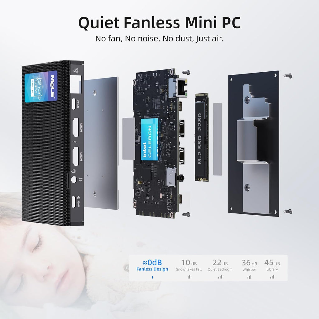 MeLE Quieter3C Fanless Mini PC, Celeron N5105, 8GB RAM, 128GB Storage, Full-Function USB-C, WiFi 5, Support Triple Screen Display, Slim Desktop on Industrial, Home, Office