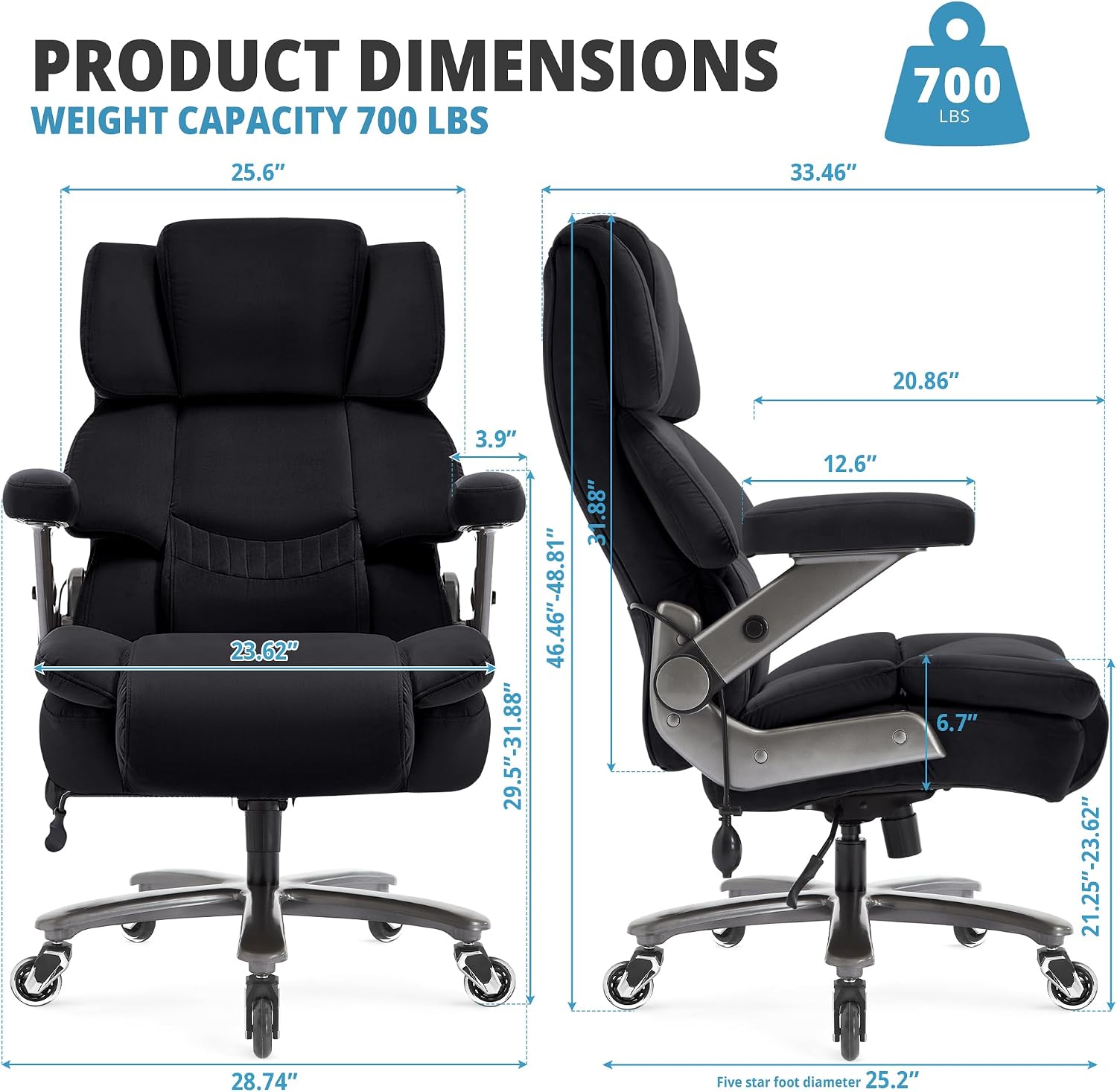 Fabric 700lbs Big and Tall Office Chair-Large Computer Chair with Adjustable Lumbar Support 3D Flip Arms Plus Size Wheels, High Back Executive Desk Chair, Heavy Duty Metal Base, Thick Padded Wide Seat