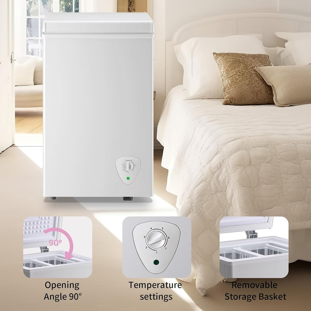 Chest Freezer 2.2 Cu.Ft Deep Freezer Adjustable Temperature 7 Thermostat and Energy Saving Removable Basket for Garage Basement Dorm Apartment Kitchen Business, White