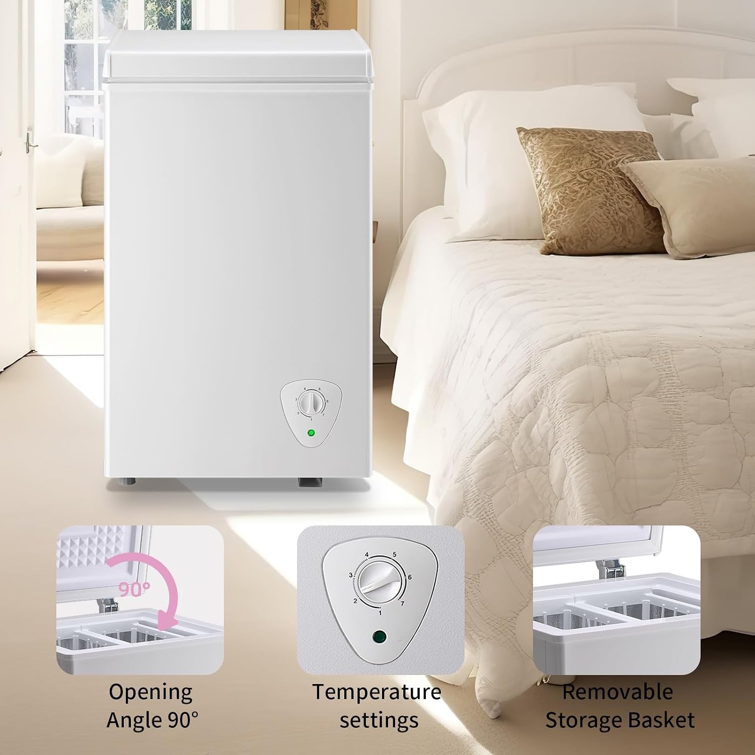 Chest Freezer 2.2 Cu.Ft Deep Freezer Adjustable Temperature 7 Thermostat and Energy Saving Removable Basket for Garage Basement Dorm Apartment Kitchen Business, White