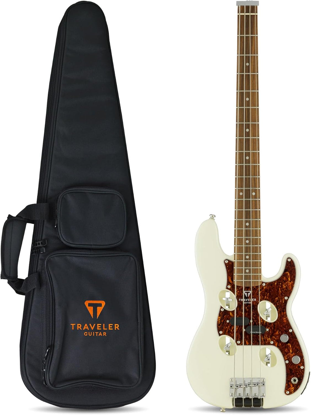 Traveler Guitar TB-4P Pearl White Bass | Travel Guitar with Aux-in | 4 String Bass Guitar with 22 Jumbo Frets | Full 32' Scale Portable Electric Bass Guitar | Headless Guitar with Custom Gig Bag