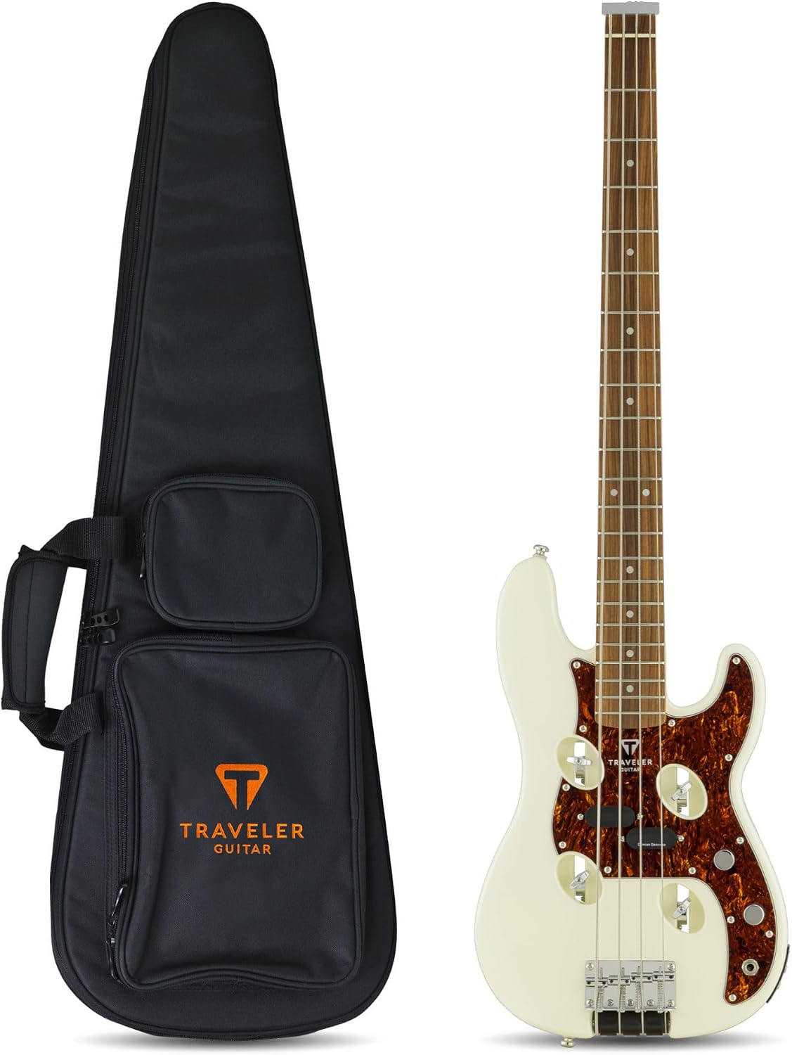 Traveler Guitar TB-4P Pearl White Bass | Travel Guitar with Aux-in | 4 String Bass Guitar with 22 Jumbo Frets | Full 32' Scale Portable Electric Bass Guitar | Headless Guitar with Custom Gig Bag