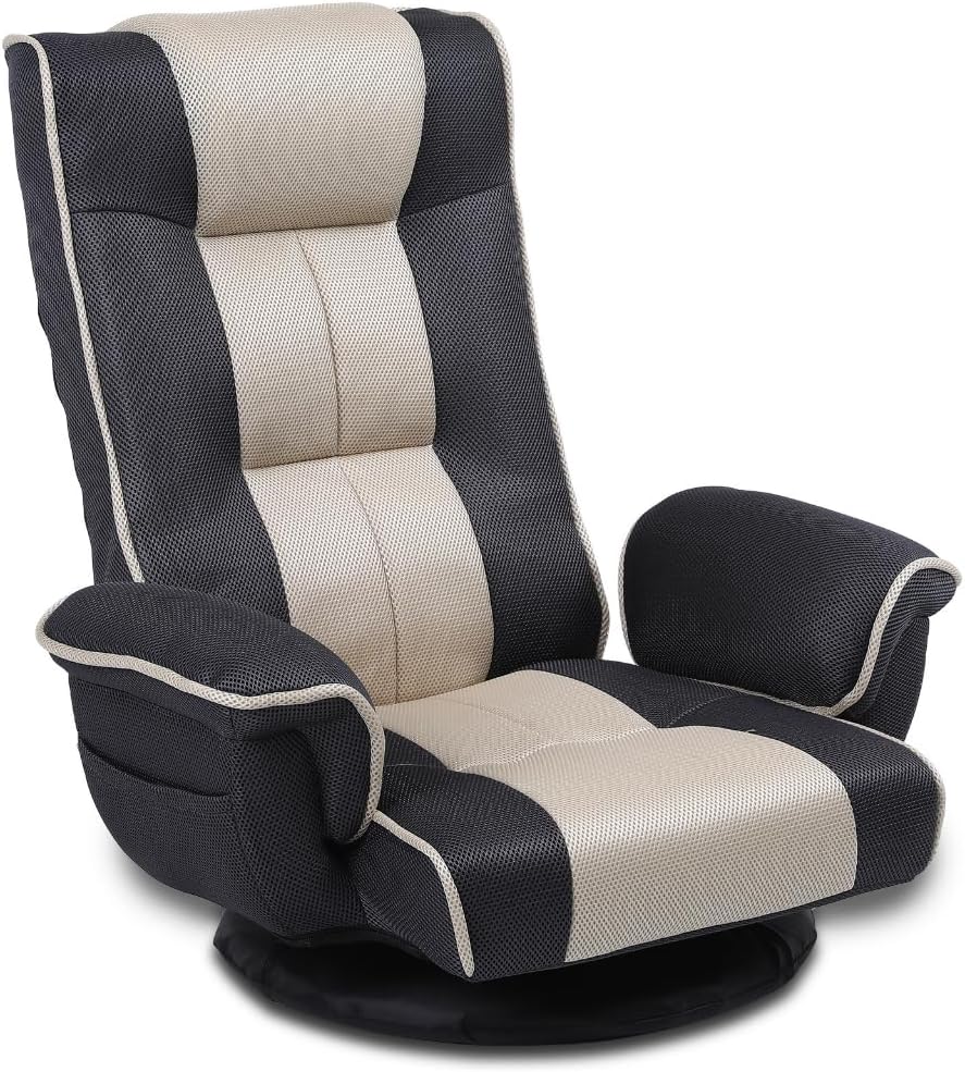 360 Degree Swivle Adjustable Floor Chair, Chaise Lounge Indoor, Folding Lazy Sofa with Armrests and Side Pocket Adults Gaming Chairs for Living Room, Bedroom Factory Price 201 (BK-GR)