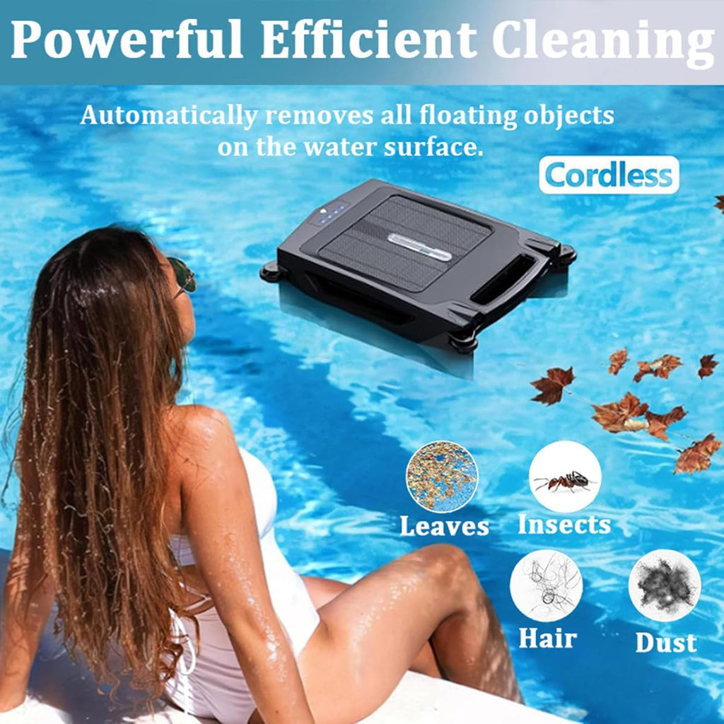 Solar Pool Skimmer, Upgrade Robotic Pool Sur-face Cleaner with Dual Charging Options, 2 Speed Modes and Smart Obstacle Avoidance, 3.4L Garbage Collection Basket